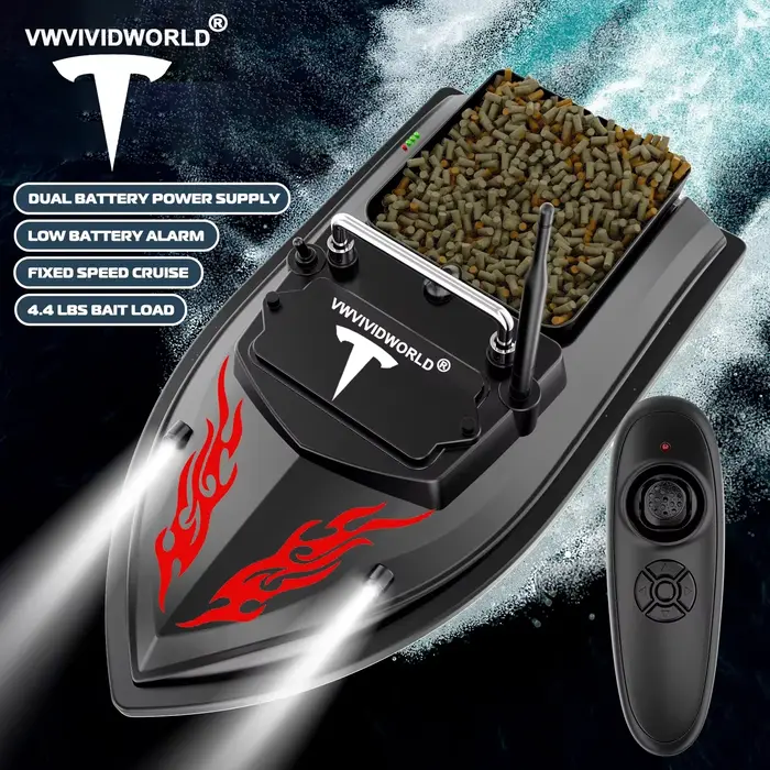 Bateau appât télécommandé VWVIVIDWORLD 500m portée 2kg charge vitesse fixe étanche lumière nuit pêche