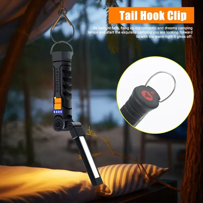 Lampe de travail COB LED rechargeable USB magnétique pour pêche nocturne et camping