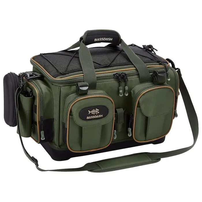 Sac à bandoulière BASSDASH résistant à l'eau léger - Pack rangement matériel pêche avec fond moulé dur et couvre-pluie