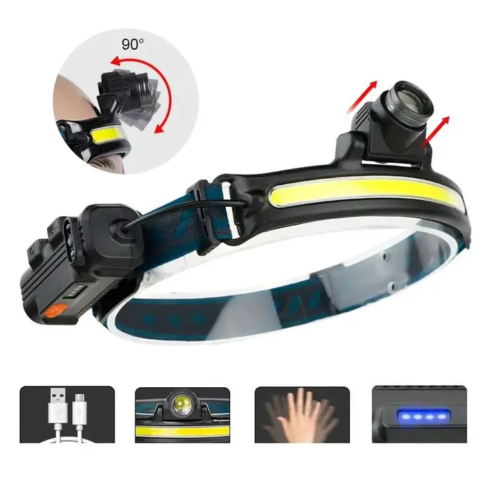 Lampe frontale à zoom USB rechargeable 6 modes COB LED pour pêche polyvalente