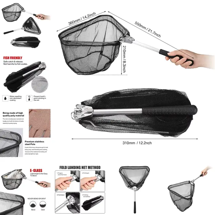 Filet de pêche pliable et télescopique extensible 190 cm pour eau douce et mer