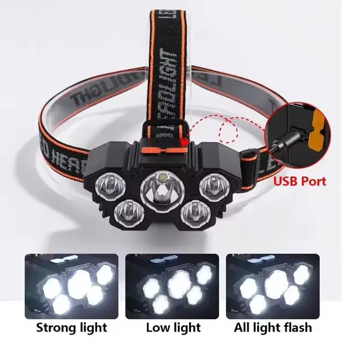 Lampe frontale rechargeable 5 LED avec batterie intégrée pour pêche aventure et camping
