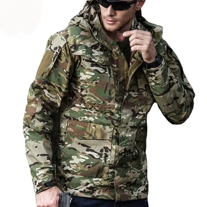 Veste de pêche M65 tactique automne - Imperméable à capuche multi-poches camouflage