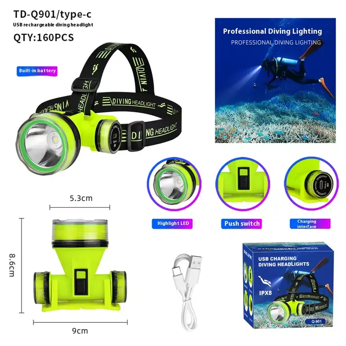 Lampe frontale imperméable étanche 350m pour pêche sous-marine spearfishing exploration de fonds marins