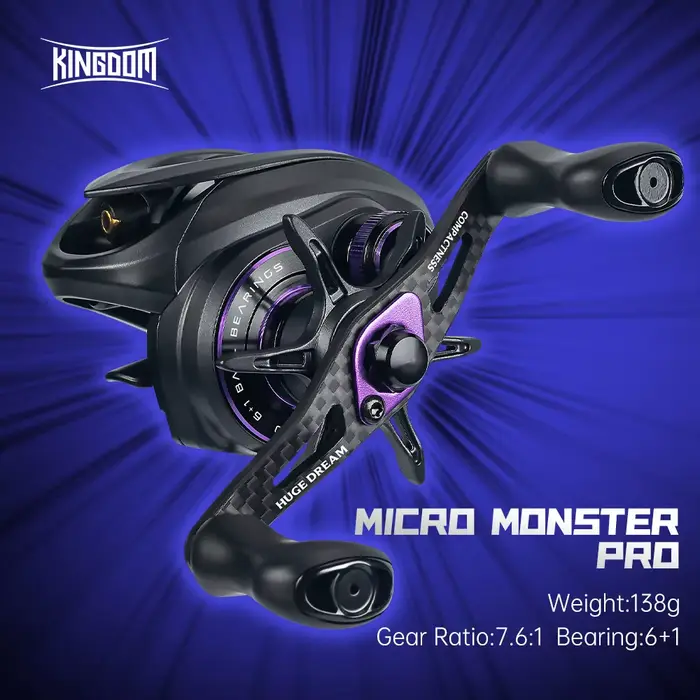 Moulinet baitcasting Kingdom Micro Monster Pro 138g - Ratio 7.6:1 carbone ultra-léger pour pêche précise