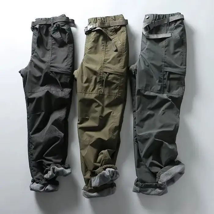 Pantalon cargo pêche hiver épais imperméable polaire multi-poches ample droit homme femme