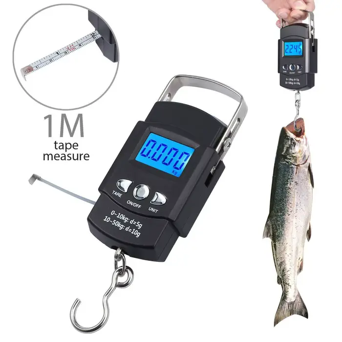 Pèse-poisson électronique 50 kg avec mètre ruban et crochet - Balance digitale LCD rétroéclairée pour la pêche
