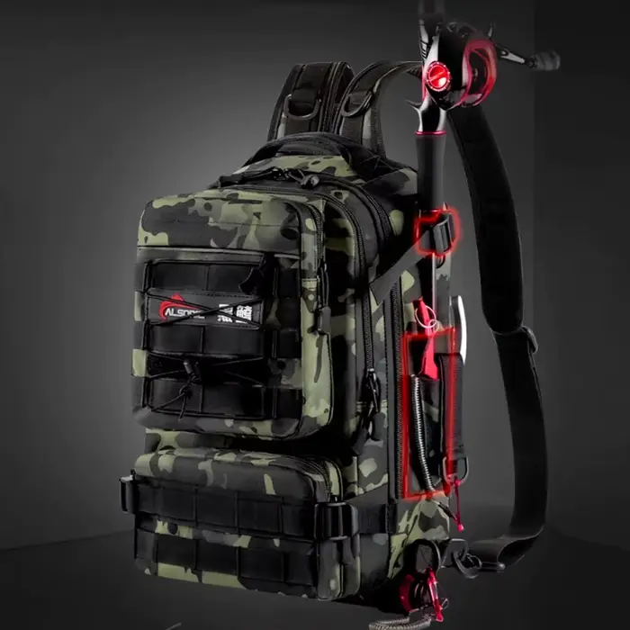 Sac à dos homme rangement leurres pêche avec porte-canne - Équipement pêche, randonnée, camping