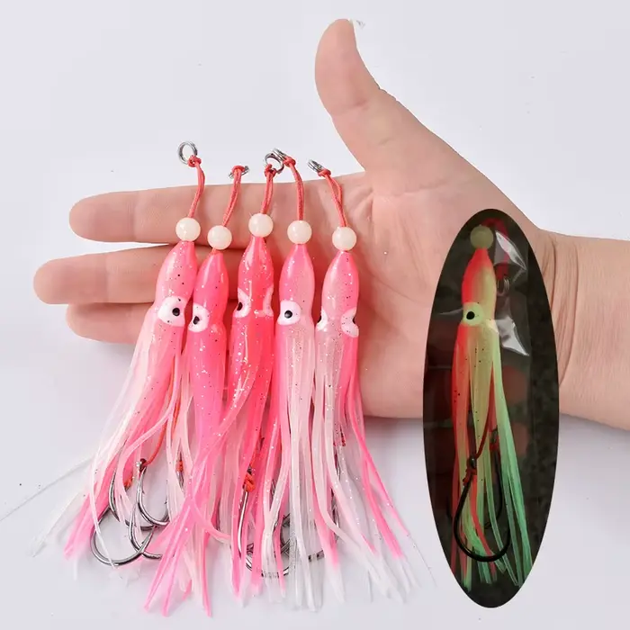 5 calamars souples 12cm avec jupes silicone et hameçons doubles assist - Pêche mer