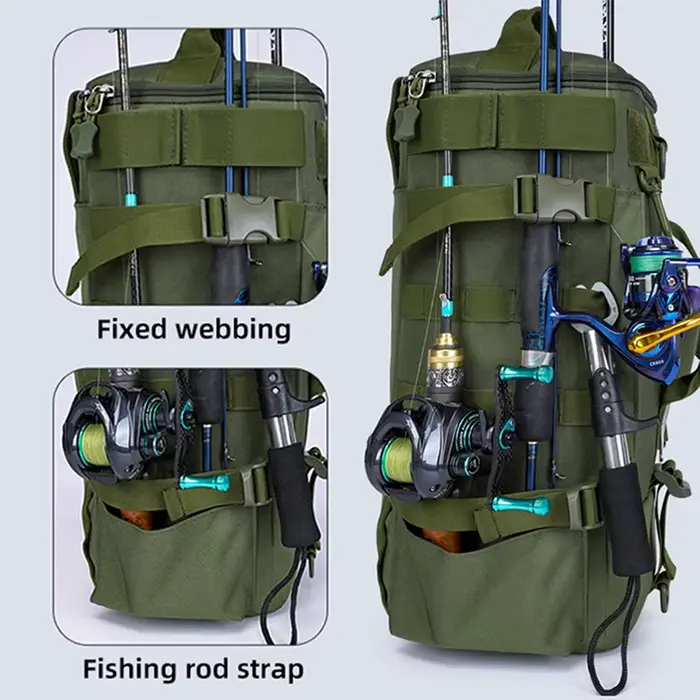 Sac à dos pêche multifonction avec porte-cannes et système MOLLE - Rangement équipement pêche camping randonnée