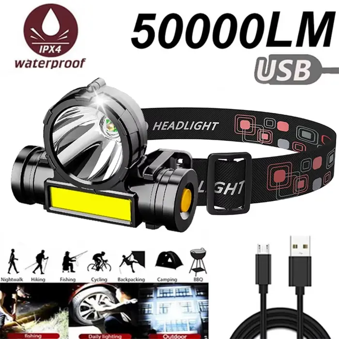 Lampe frontale LED puissante HOMEFISH rechargeable USB étanche pour pêche nocturne et camping