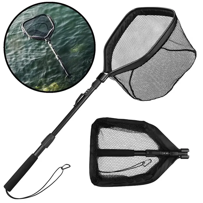 Filet de pêche flottant pliable avec perche télescopique pour eau douce et mer capture facile sans blessure