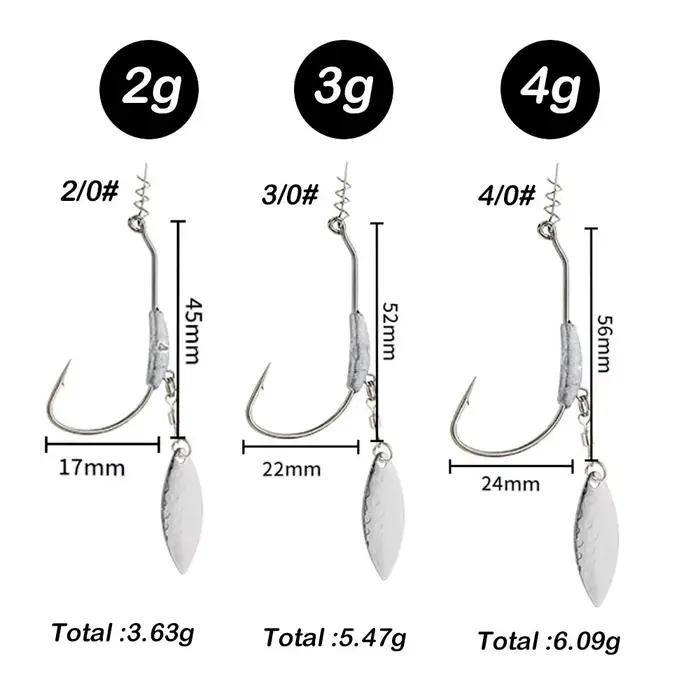 Hameçons jig head 2G 3G 4G avec épingle rotative pour leurres souples - 10 pièces acier carbone