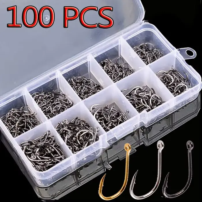 Hameçons de pêche 100 pièces boîte 10 séries acier carbone simple cercle pour carpe et mouche
