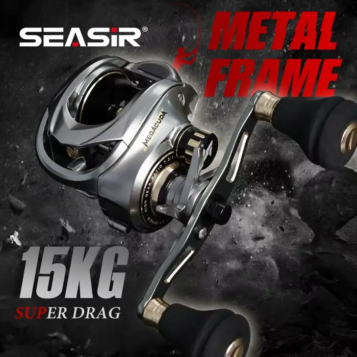Moulinet de pêche casting Megacuda 15KG drag, pour le jigging en mer avec bâti aluminium et double manivelle