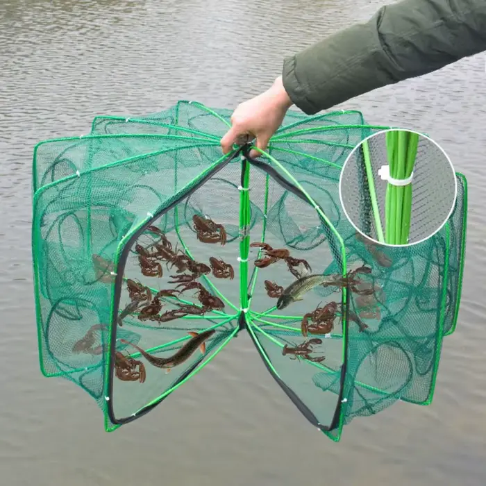 Filet de pêche pliable 6-10 trous vert durable - Nylon 40-82cm pour écrevisses et crevettes en eau douce