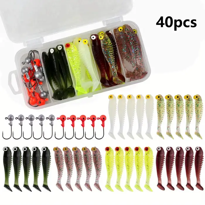 Kit de 40 leurres souples pêche avec hameçons plombés 5cm 3.5g et boîte de rangement pour