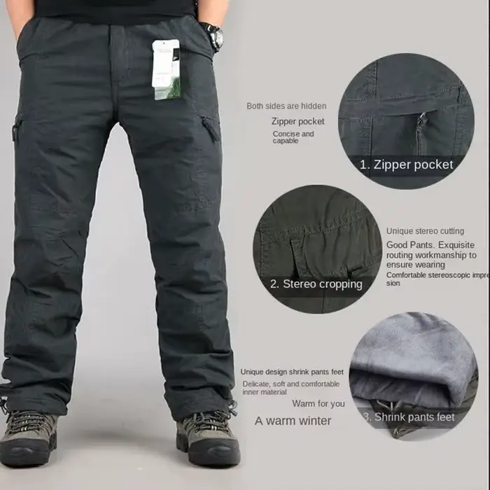 Pantalon tactique polaire hiver épais chaud ample multi-poches pêche outdoor homme