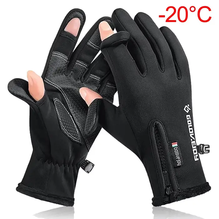Gants de pêche hiver imperméables 2 doigts avec velours chaud pour hommes et femmes pêcheurs