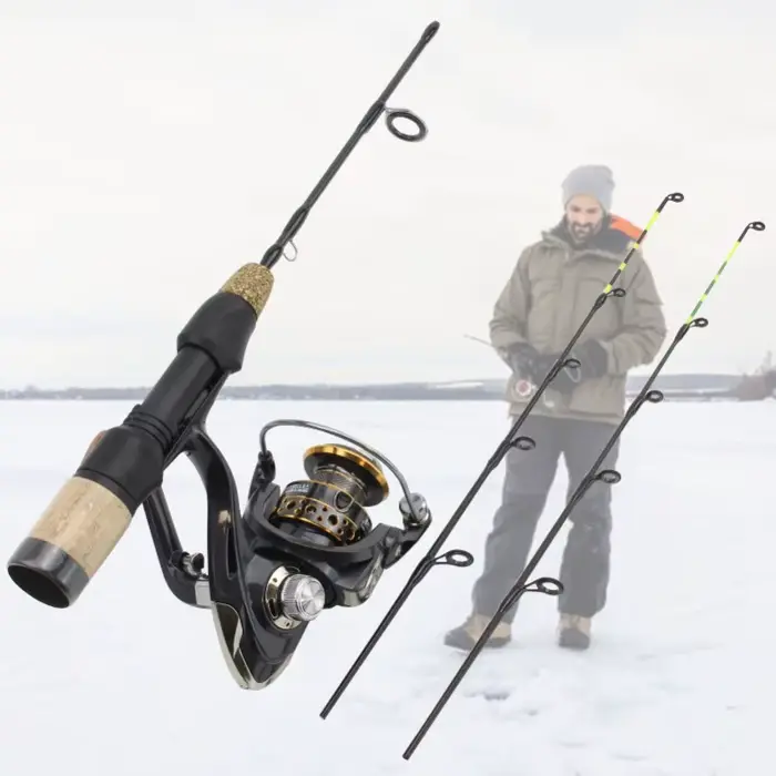 Set pêche glace hiver canne 60cm 2 pointes et moulinet combo carbone pour pêche sur glace