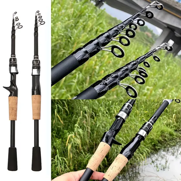 Canne télescopique pêche leurres 1.5m à 2.4m carbone pour lancer 8g-25g avec poignée bois