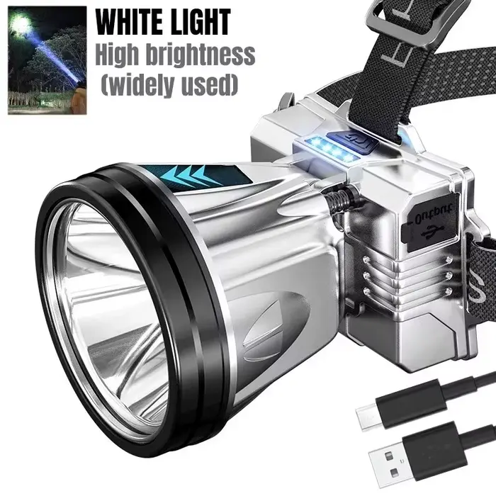 Lampe frontale étanche 10000mAh super lumineuse rechargeable pour pêche camping et urgences