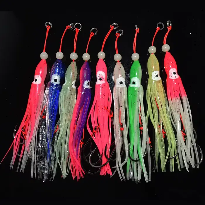 Leurres souples calmar 12cm pour pêche en mer - Skirt en gel de silicone avec tentacules et hameçons doubles assistés