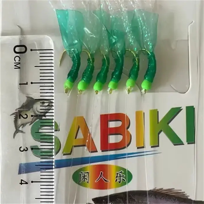 Sabiki rig caoutchouc vert avec plumes et hameçons dorés - Leurres mer acier carbone pour pêche appâts