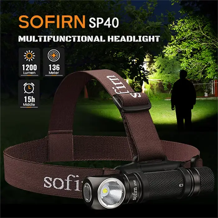 Lampe frontale pêche Sofirn SP40 XPL LED 1200lm rechargeable 18650 avec aimant pour pêche nocturne