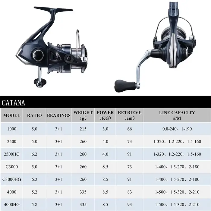 Moulinet Shimano Catana spinning avec corps G-Free et système Propulsion - 3+1BB bobine métal