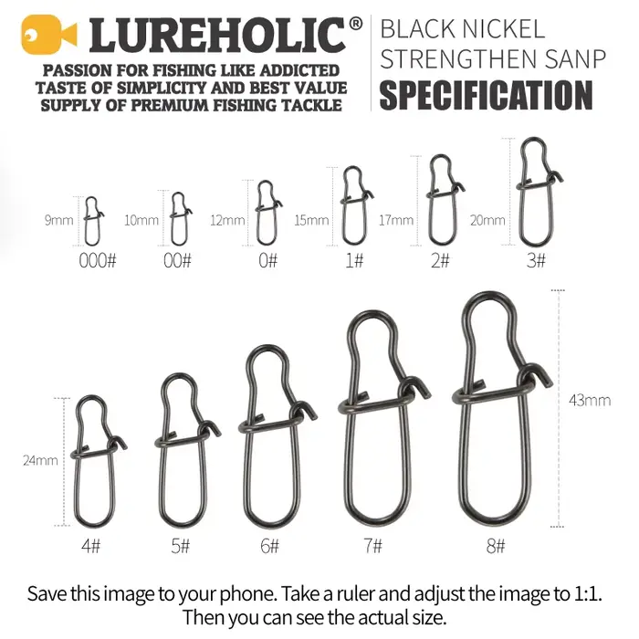 Snap rapide renforcé LUREHOLIC noir nickel SUS304 pour leurres durs et souples pêche 20-100 pièces tailles variées