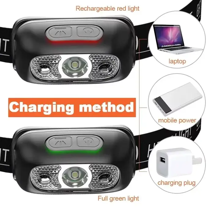 Lampe frontale mini LED puissante pour pêche nocturne étanche avec capteur de mouvement portable