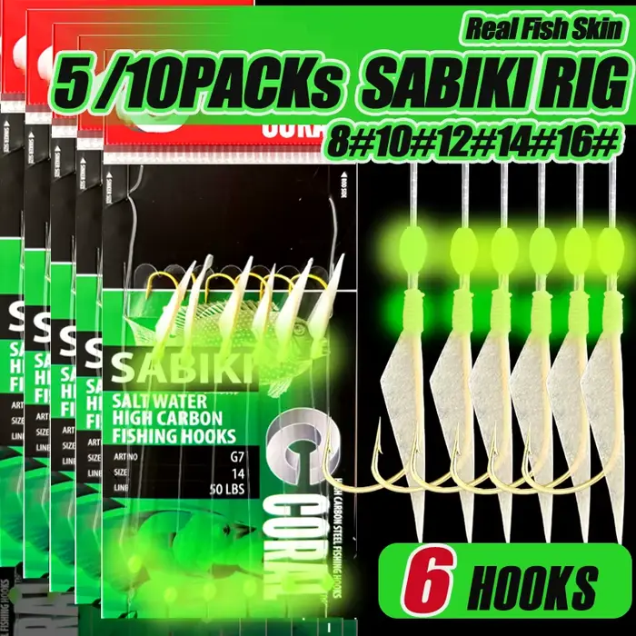 Packs de Sabiki Rigs 5/10 hameçons haute carbone pour pêche en mer et eau douce avec perles lumineuses