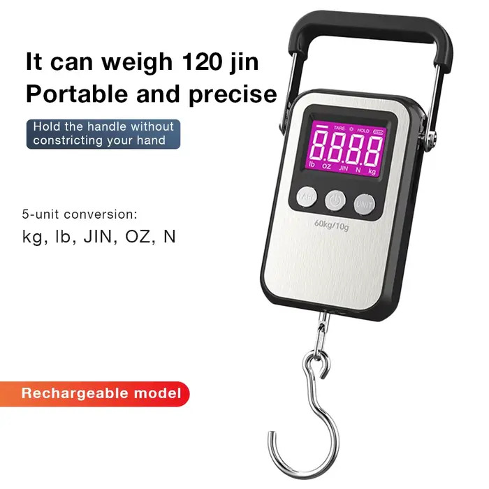 Pèse-bagages électronique rechargeable LCD 60kg/10g pour la pêche, voyage et pesée de poissons portable
