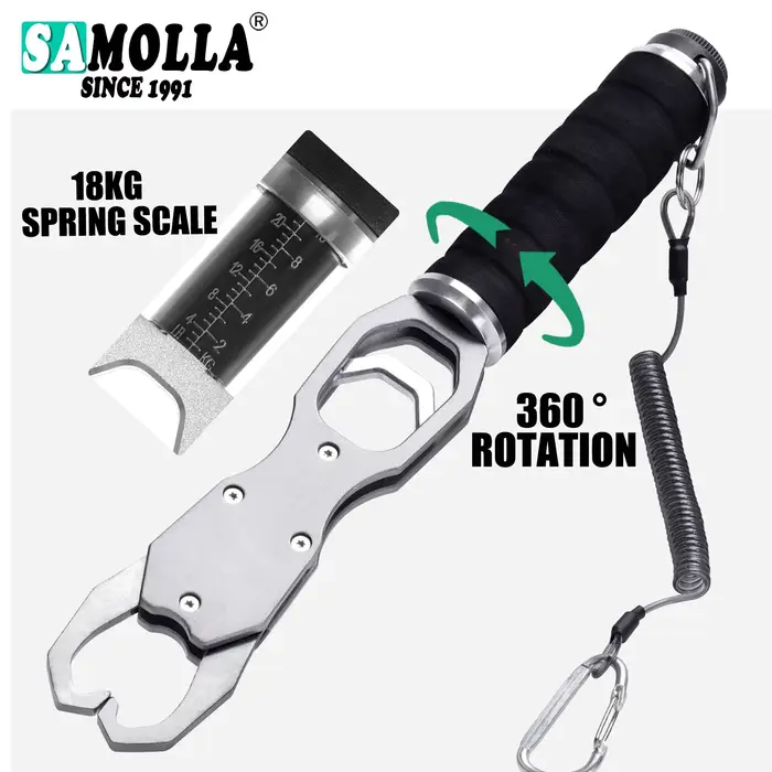 Pince à poisson SAMOLLA en alliage d'aluminium avec balance 18kg et rotation 360° - Accessoire pêche professionnel