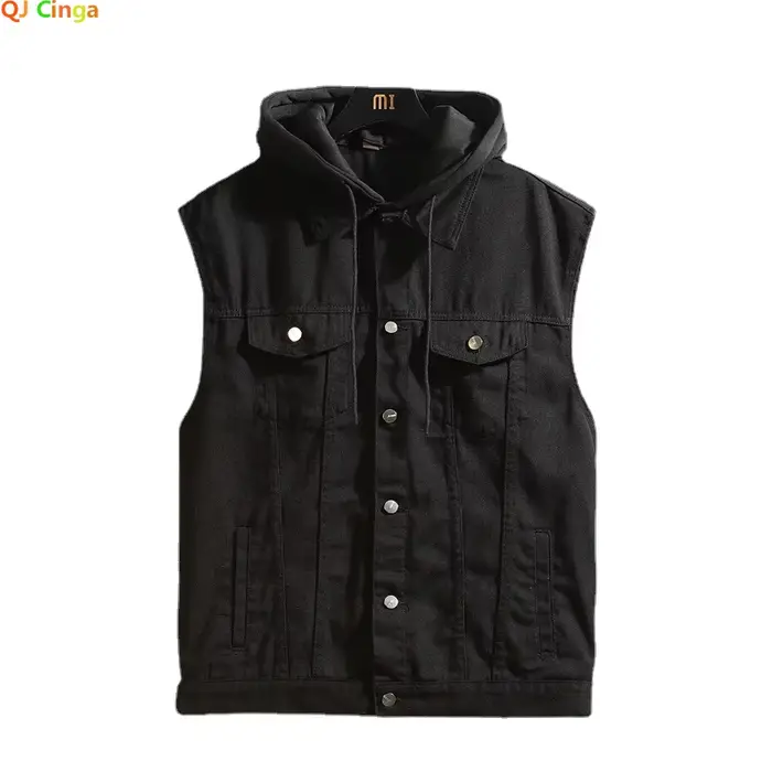 Veste sans manches denim homme printemps été automne noire avec capuche pour ados grande taille M-5XL
