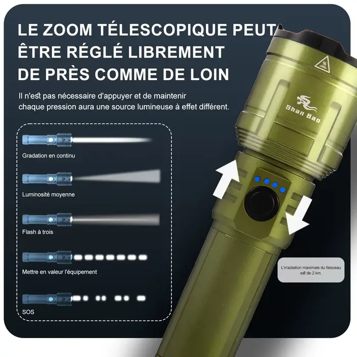 Lampe torche puissante 3000LM Shan Bao zoomable étanche pour pêche nocturne et chasse