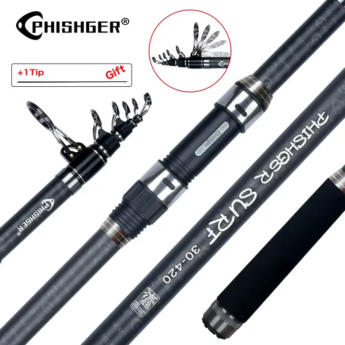 Canne téléscopique surfcasting PHISHGER 3.6m à 5.3m puissance 80-150g carbone 30T pour pêche du bord en mer