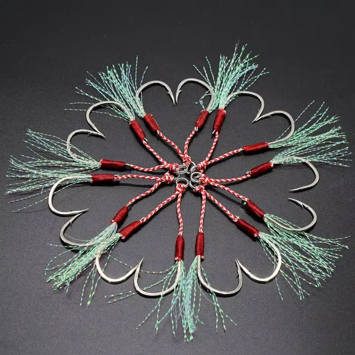 10 paires hameçons doubles jig avec plumes pour slow jigging pêche verticale mer