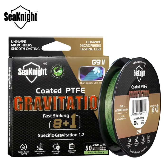 Ligne de pêche tressée SeaKnight Gravitation G9 II coulante 300m, imprégnée PTFE résistante eau salée et UV