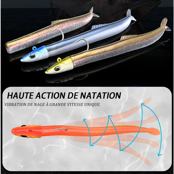 Leurre Souple BLUX Flash Sand Eel 14g 27g pour Bar et Poissons de Mer, Tête Plombée avec Hameçon