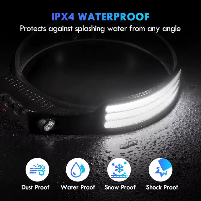 Lampe frontale COB LED à induction USB rechargeable avec batterie 1200mAh pour camping et pêche