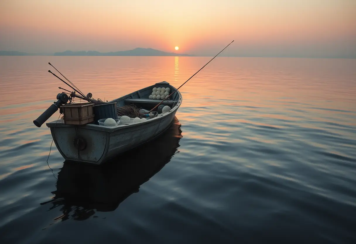 Un bateau de pêche sur une rivière calme chargé de matériel et de boules de pâte