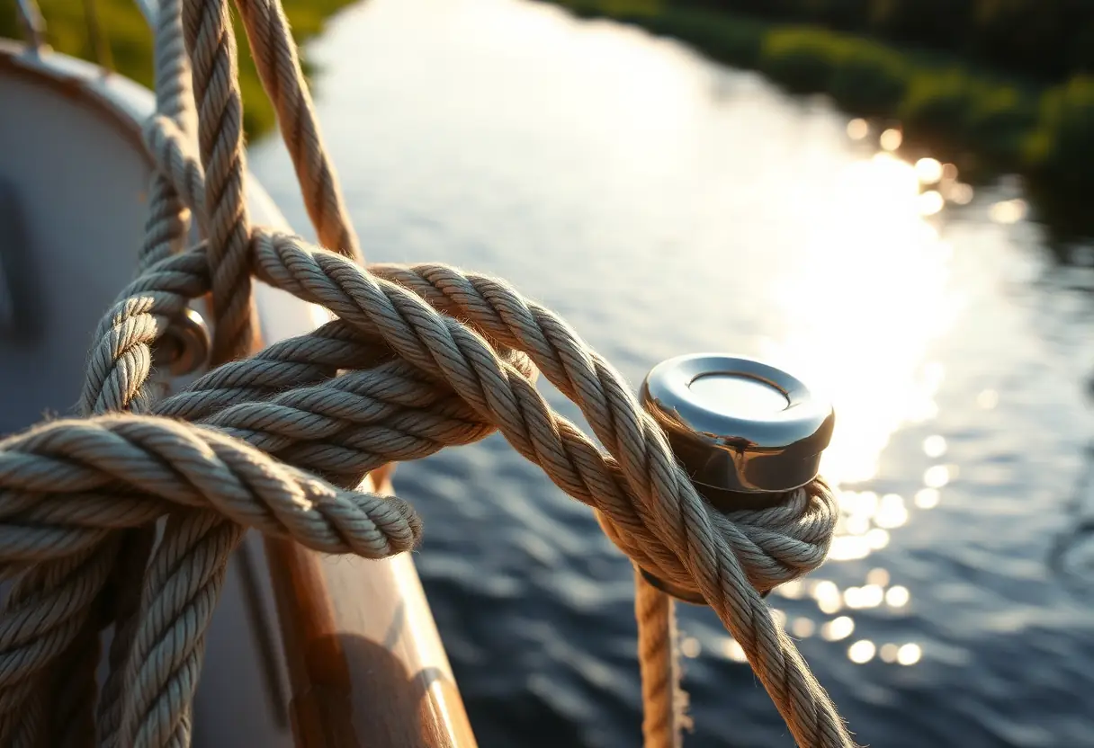 Corde nouée autour d’un filin de bateau au lever du soleil sur un cours d'eau paisible