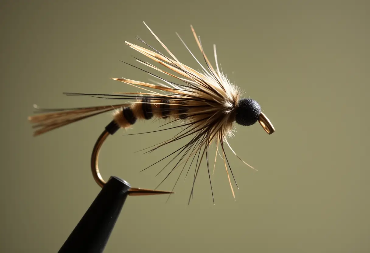 Vue rapprochée d'une mouche soigneusement liée, ses plumes et poils bien disposés