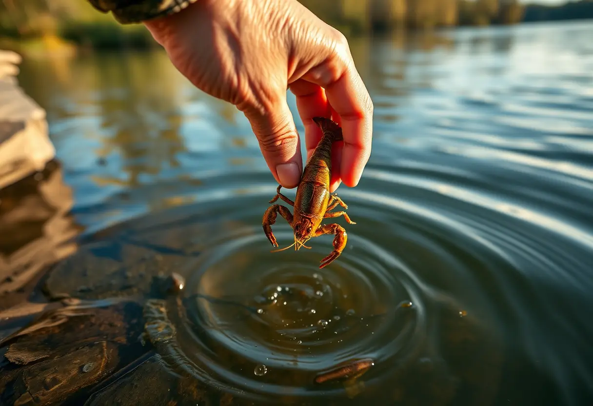 Une main de pêcheur relâche précautionneusement une écrevisse dans la rivière.