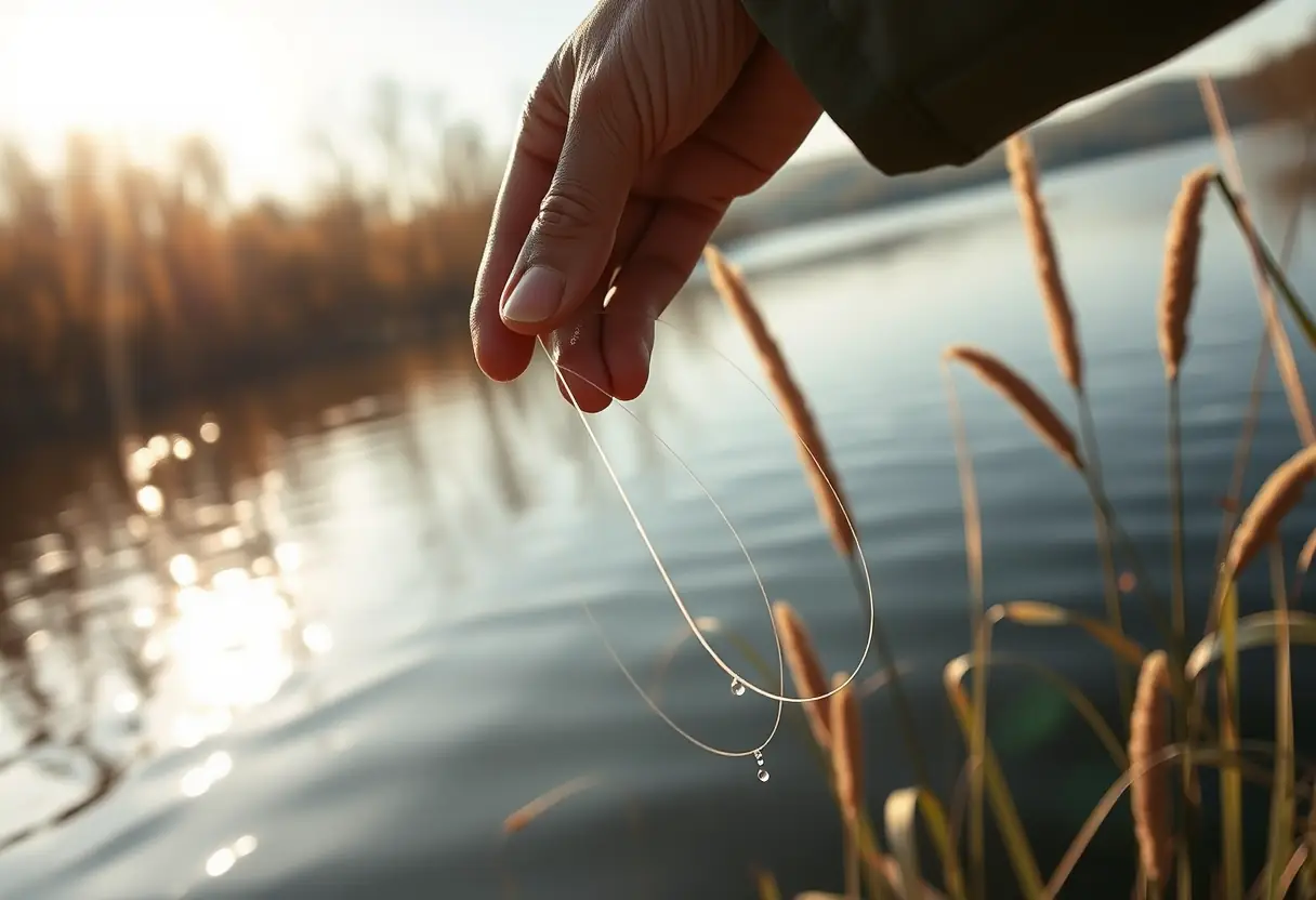 Main de pêcheur tenant une ligne de fluorocarbonate humide près d'un lac, lumière du matin