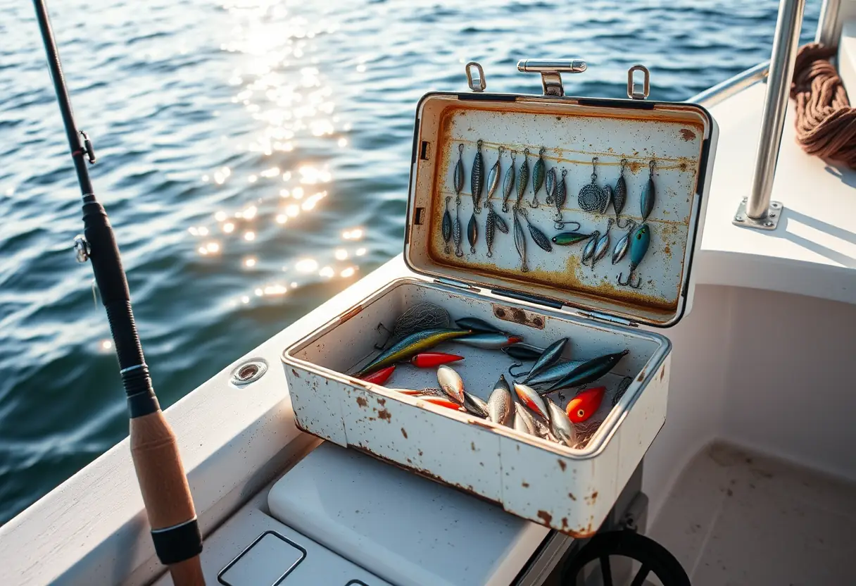 Une boîte à outils de pêche ouverte sur le pont avant d'un bateau, contenant des hameçons et des leurres