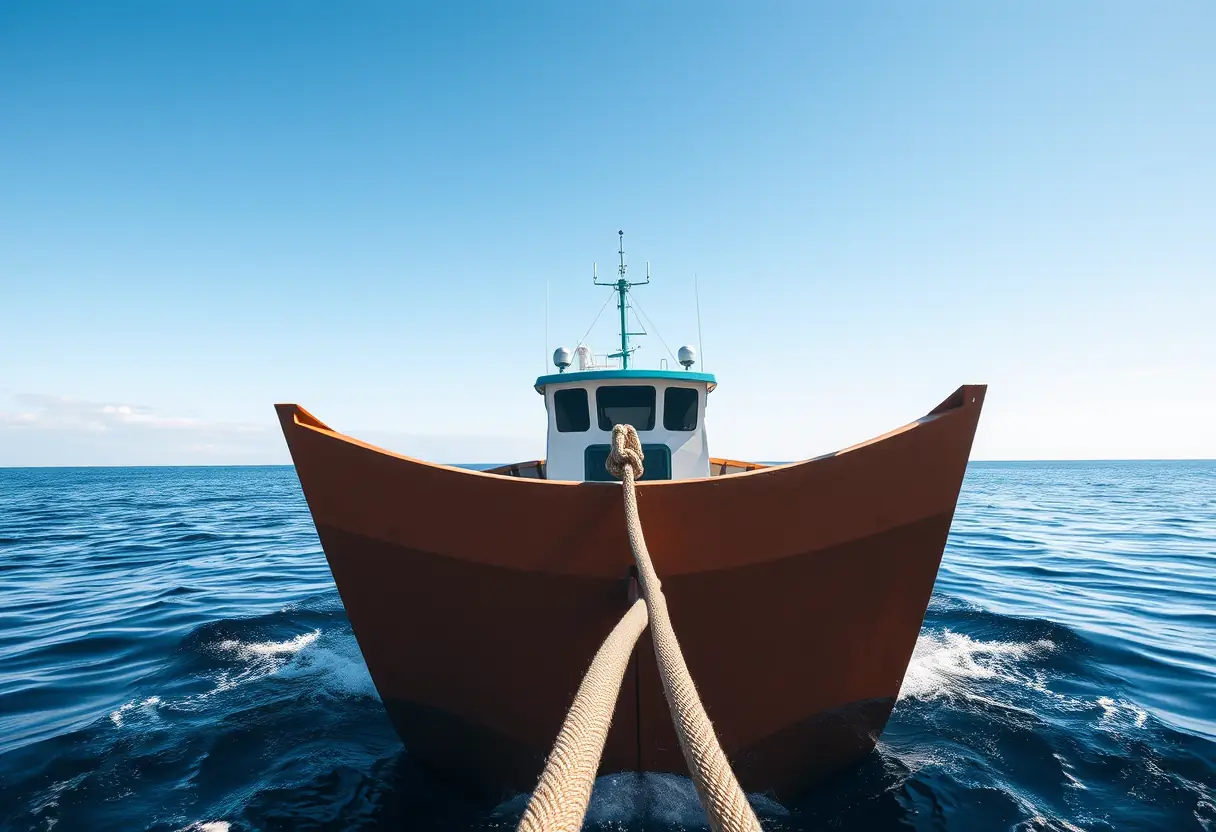 La poupe d'un bateau de pêche sur l'océan, avec une corde qui pend dans l'eau