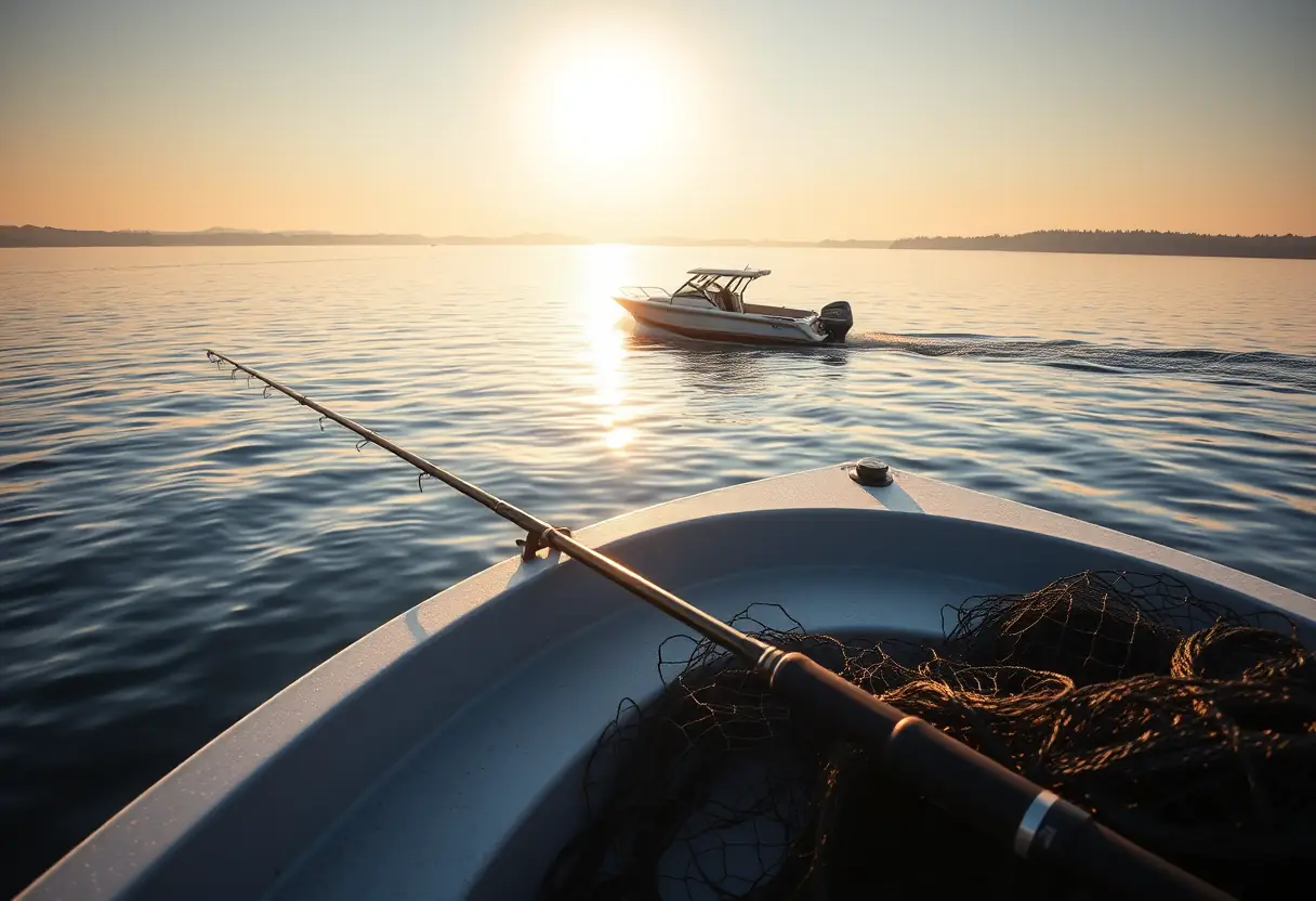Un bateau de pêche glissant silencieusement sur un lac calme